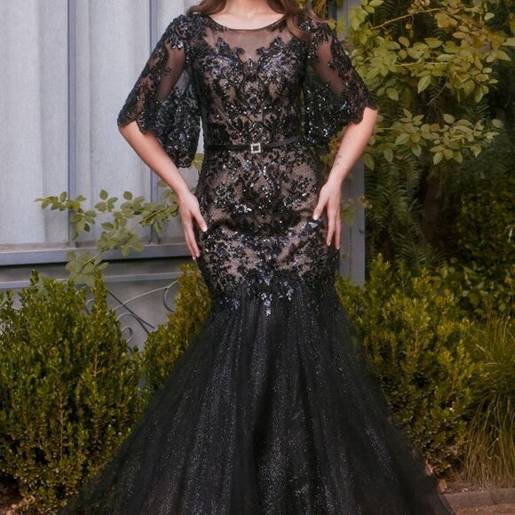 Mermaid formal dress.Mother of the bride black/nude gown short sleeve party - Picture 1 of 6